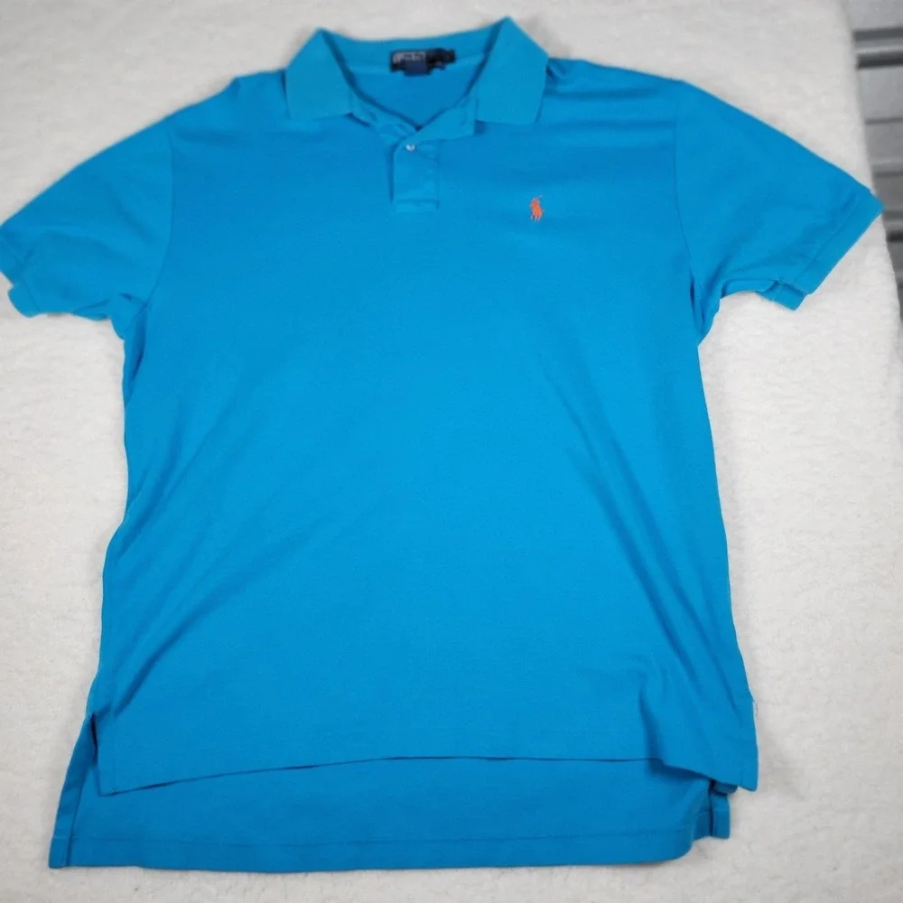 Polo Ralph Lauren Polo Shirt Men Large Blue Short Sleeve Orange Pony Logo